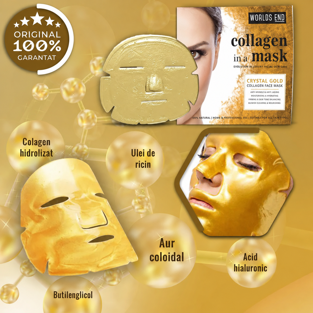 Masca Facială Golden Glow 24K – Hidratare și Strălucire Intensă 1+1 Gratis
