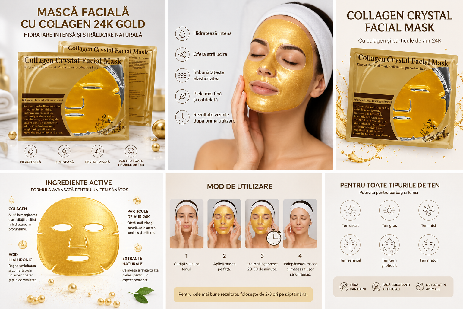 Mască Facială cu Colagen 24K Gold – Hidratare Intensă și Strălucire Naturală 1+1 Gratis