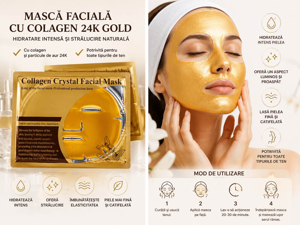Mască Facială cu Colagen 24K Gold – Hidratare Intensă și Strălucire Naturală 1+1 Gratis